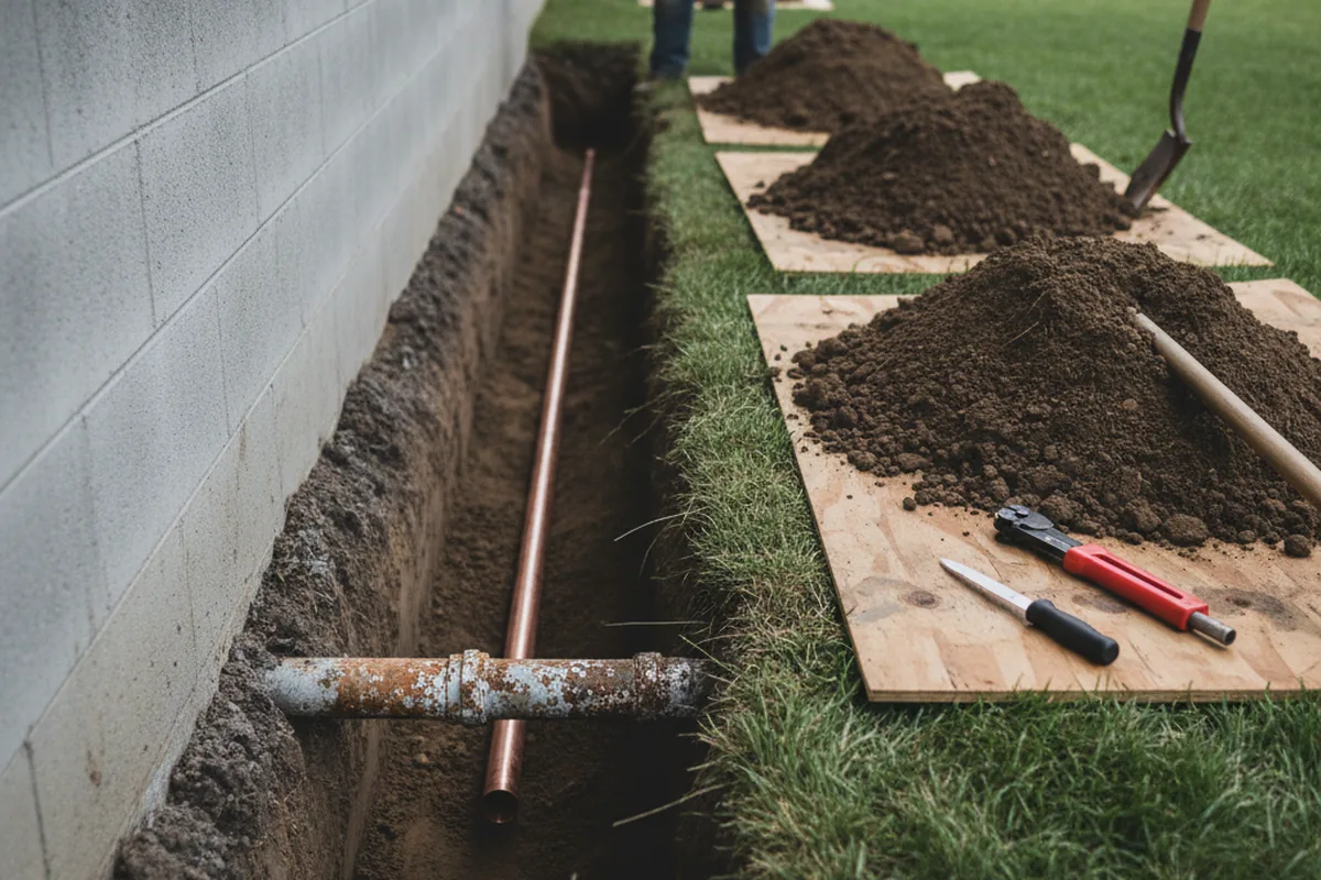 Excavated water line trench during Water Softener Installation in Neon